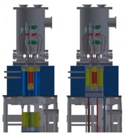 Schéma prototypu reaktoru Kilopower při experimentu KRUSTY. Žlutě je označen beryliový reflektor neutronů, kterým lze ovládat výkon reaktoru. Vlevo je mimo aktivní zónu při vypnutí reaktoru, vpravo pak zasunut okolo aktivní zóny a při testech jeho plného výkonu s využití kontrolní tyče k regulaci. (Zdroj: M A. Gibson et al, Report NASA) Schéma prototypu reaktoru Kilopower při experimentu KRUSTY. Žlutě je označen beryliový reflektor neutronů, kterým lze ovládat výkon reaktoru. Vlevo je mimo aktivní zónu při vypnutí reaktoru, vpravo pak zasunut okolo aktivní zóny a při testech jeho plného výkonu s využití kontrolní tyče k regulaci. (Zdroj: M A. Gibson et al, Report NASA)