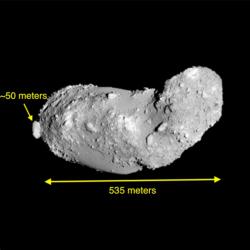 Známý asteroid Apollonovy skupiny 25143 Itokawa. Cíl cvičení 2012 TC4 je velký asi jako „zaječí ocásek“ Itokawy. Kredot JAXA.