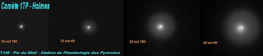 Vývoj jasnosti a velikosti komy komety Holmes ilustruje složený snímek pořízený na observatoři Pic du Midi v Pyrenejích. Kredit – F.Colas a J.Lecacheux