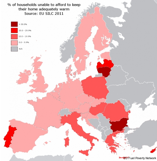 Procento domácností, které si nemohou dovolit udržovat byt v odpovídající teplotě. (Zdroj: Wand, C.R. (2013). % of households unable to keep their home adequately warm. Available: http://fuelpoverty.eu.)