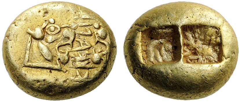 Lýdská mince z doby krátce před Xenofanem. Kredit: Wikimedia Commons.