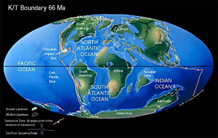 Mapa s rozloĹľenĂ­m kontinentĹŻ v dobÄ› pĹ™ed 66 miliony let, tedy na ĂşplnĂ©m konci kĹ™Ă­dovĂ© periody. MĂ­sto dopadu impaktoru Chicxulub je vyznaÄŤeno krouĹľkem a Ĺˇipkou, poloha jeĹˇtÄ› nezalednÄ›nĂ© a s AustrĂˇliĂ­ spojenĂ© Antarktidy je rovnÄ›Ĺľ