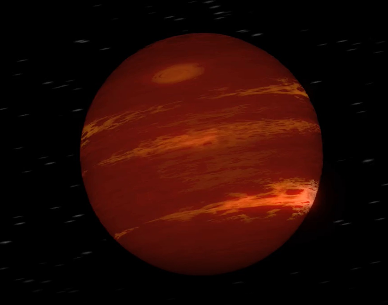 Umělecká představa hnědého trpaslíka. I ten nejmenší hnědý podtrpaslík má hmotnost kolem tří Jupiterů. Jeho gravitace udrží atmosféru, v níž mohou v závislosti od podmínek probíhat procesy obdobné atmosférickým jevům, jaké pozorujeme u našich vnějšíc