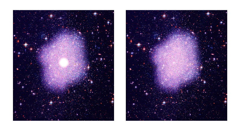 Nalevo rozloĹľenĂ­ temnĂ© hmoty podle klasickĂ˝ch pĹ™edstav (s velkou koncentracĂ­ vÂ centru galaxie), napravo rozloĹľenĂ­ temnĂ© hmoty tvoĹ™enĂ© simpy. Kredit: Kavli IPMU.