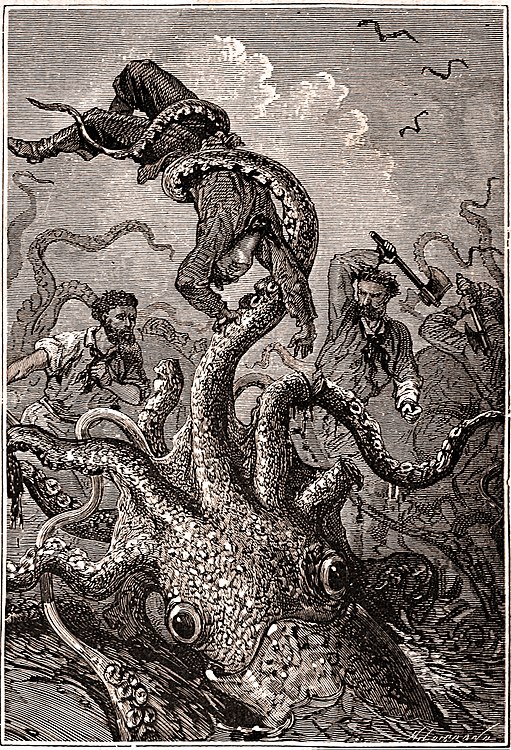 Kraken, obří mýtická chobotnice útočí na posádku ponorky Nautilus. Ilustrace z románu Julesa Verna Dvacet tisíc mil pod mořem, Hetzelovo vydání z r. 1871, str. 400. Kredit: Alphonse-Marie-Adolphe de Neuville, Wikimedia, volné dílo