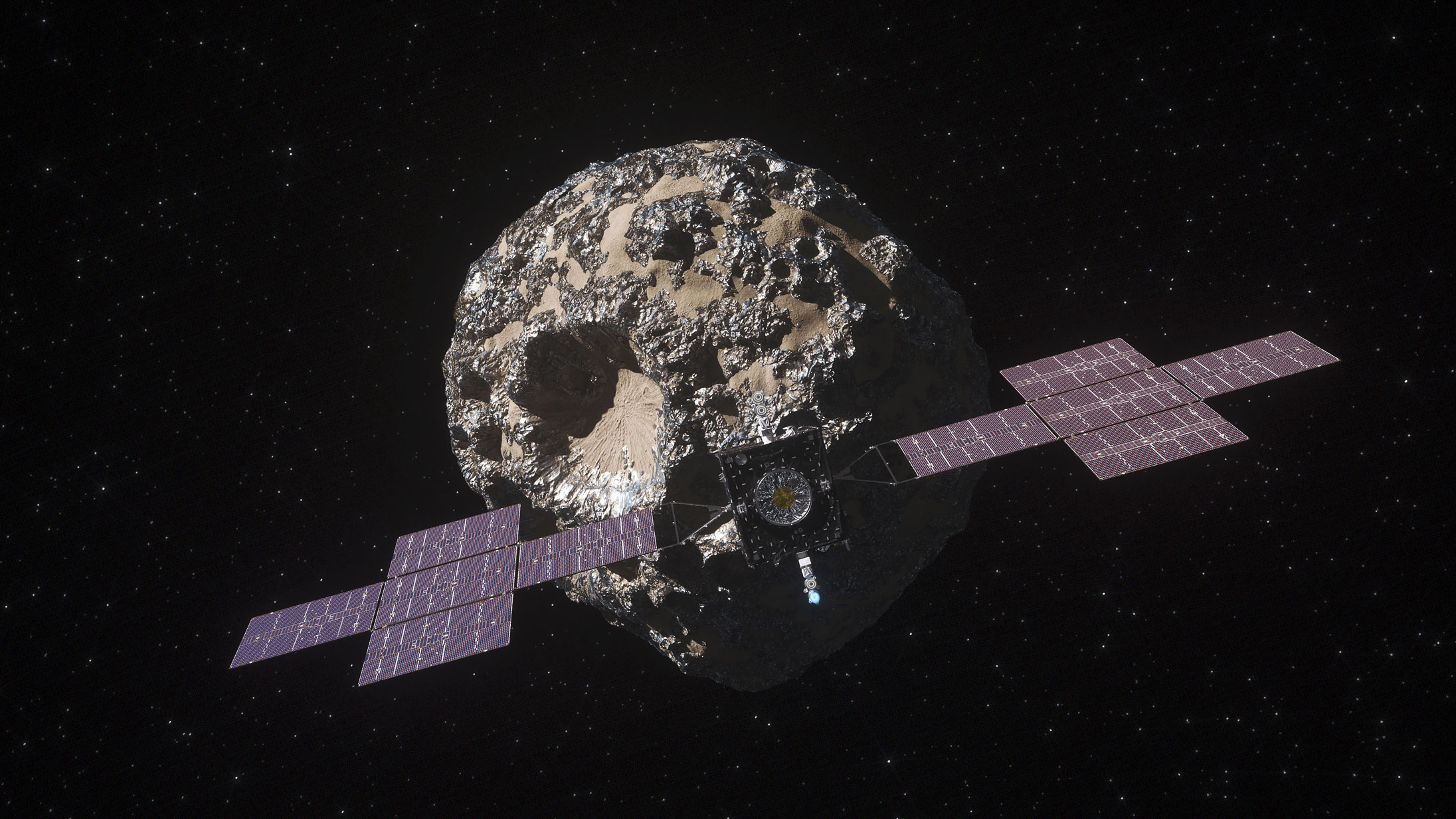 Sonda Psyche a planetka Psyche. Kredit: NASA/JPL-Caltech/ASU.