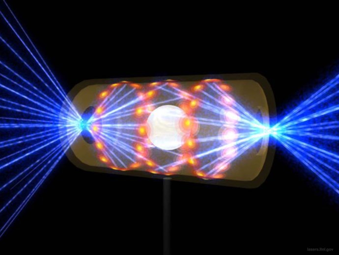 Přeměna laserových ultrafialových svazků uvnitř zlaté hohlraum na rentgenovské záření pomocí extrémního ohřátí jejího vnitřního povrchu v uměleckém zobrazení (zdroj NIF).