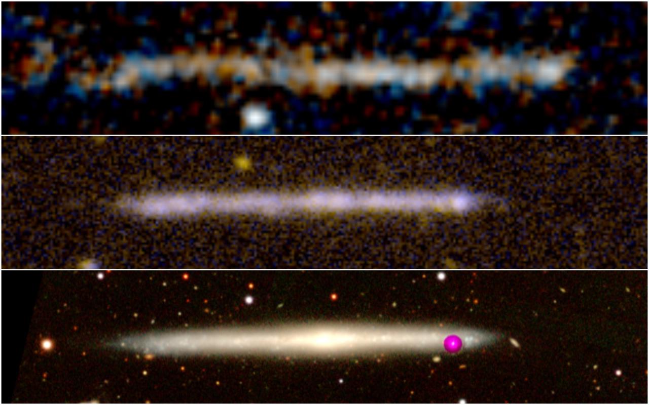 Nahoře: Snímek vzdáleného objektu pozorovaného HST. Znázorňuje emisi v ultrafialové části spektra. Uprostřed: Také UV snímek místní galaxie IC 5249 – ploché galaxie bez výdutě pozorované z boku. Podobnost jsou obou horních objektů je zjevná. Dole: St