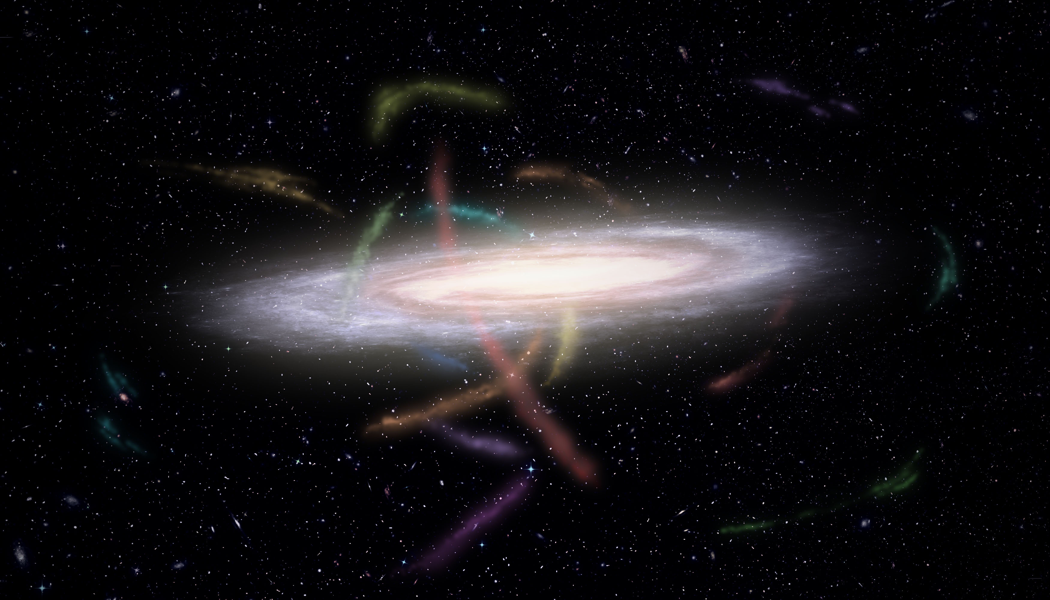 Umělecké zobrazení naší Galaxie obklopené desítkami hvězdných proudů. Jsou pozůstatky satelitních malých galaxií a kulových hvězdokup, které roztrhala a formovala gravitace Mléčné dráhy, jež je postupně pohlcuje.  Kredit: James Josephides a projekt S