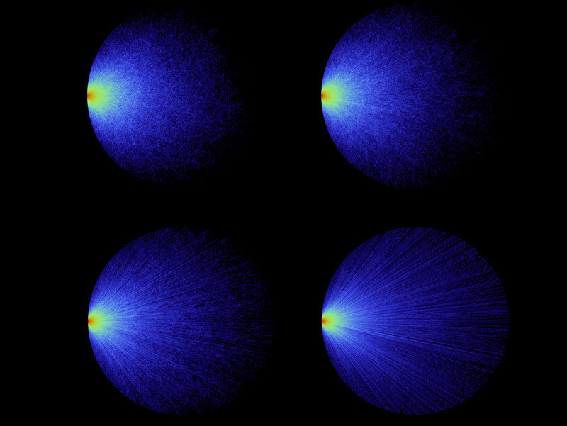 Simulace světelných cest v kruhovém systému s různými stupni opacity (schopnosti tělesa pohlcovat záření). Světlo přichází zleva v různých úhlech. Kredit: Romain Pierret & Romolo Savo, 2017