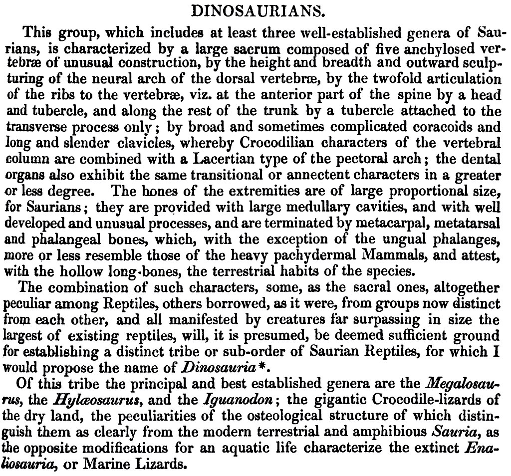 Část textu odborné zprávy Richarda Owena, v níž oficiálně pojmenovává dinosaury. Ačkoliv je toto dílo datováno rokem 1841, ve skutečnosti bylo oficiálně vydáno až na jaře roku 1842. Kredit: Richard Owen – Report on British fossil reptiles. Part II.; 