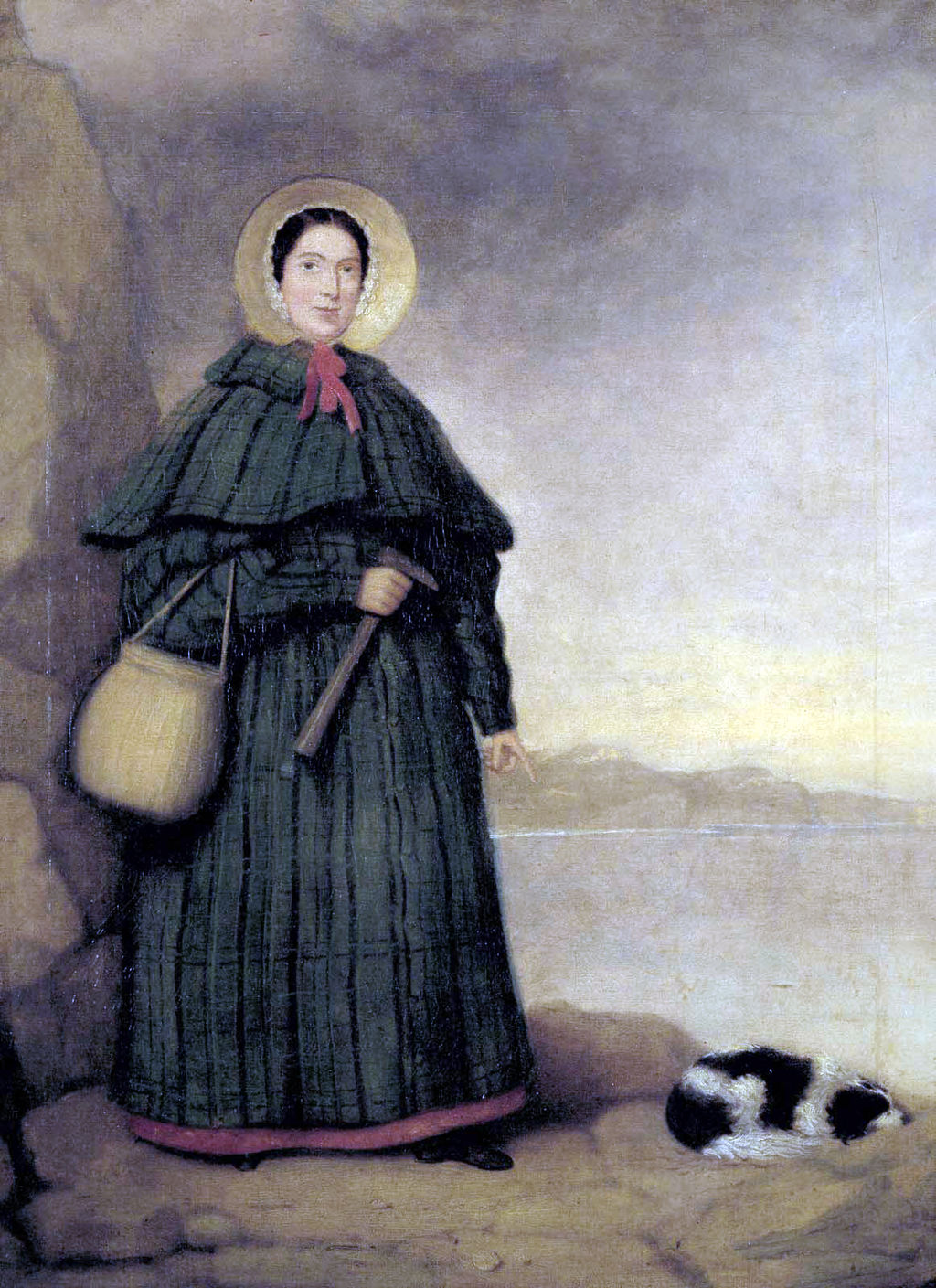 Jeden z nejznámějších portrétů Mary Anningové, zobrazující tuto dámu při její nejoblíbenější činnosti – sběru jurských fosilií na pobřeží v Lyme Regis. Kredit: „Mr. Grey“, Sedgwick Museum; Wikipedie (volné dílo).