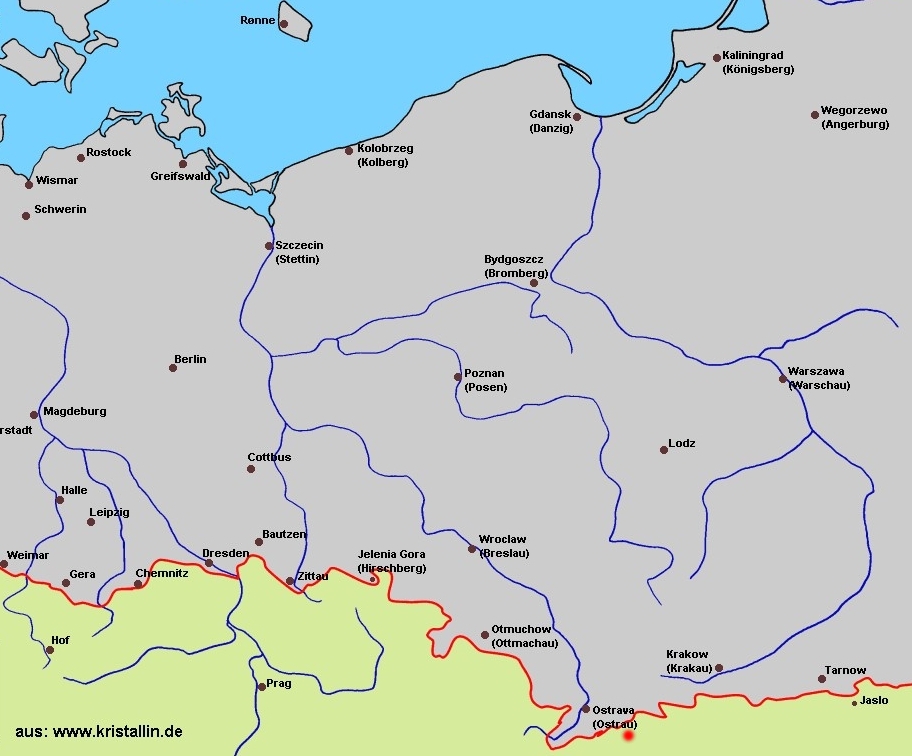 Návsí (červený bod) cca 10 km od hranice maximálního rozsahu kontinentálního zalednění v pleistocénu (červená linie). Kredit: www.kristallin.de