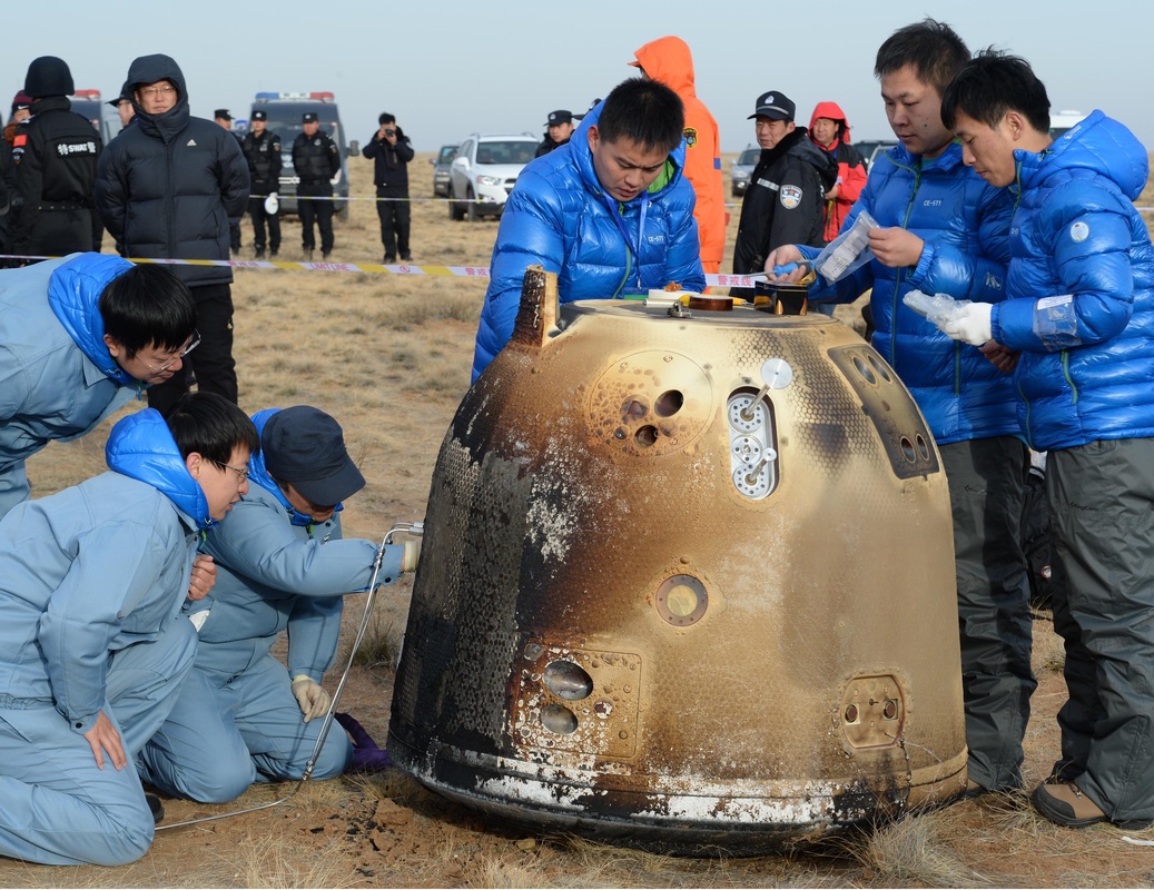 Návratový modul pro dopravu vzorků z Měsíce byl testován v rámci mise Čchang-e 5T (zdroj NFCC, Wiki, CASC).