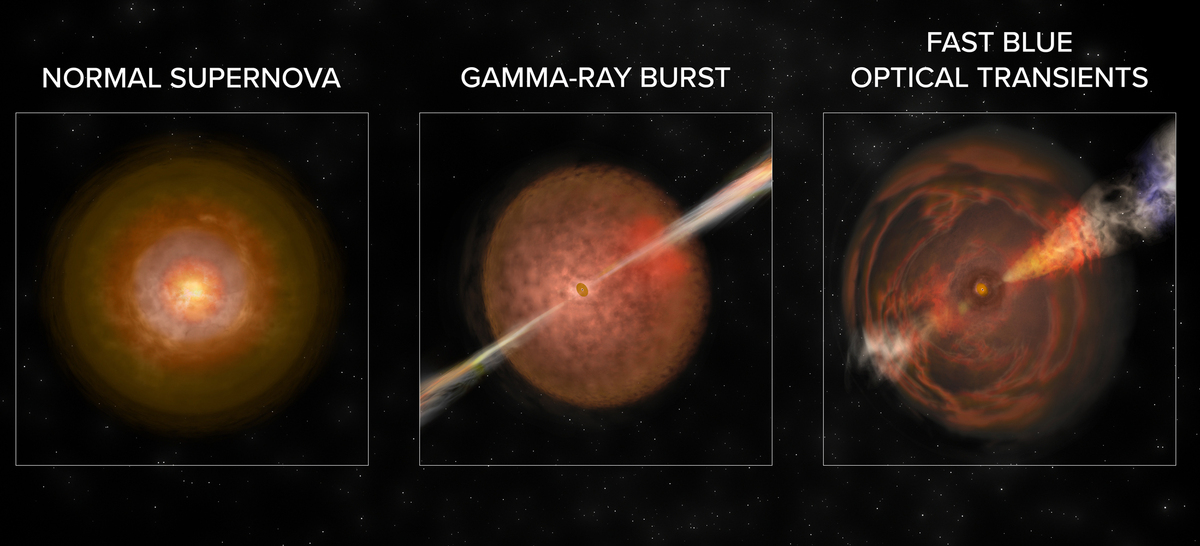 Supernova, gama záblesk a FBOT. Kredit: Bill Saxton, NRAO/AUI/NSF.