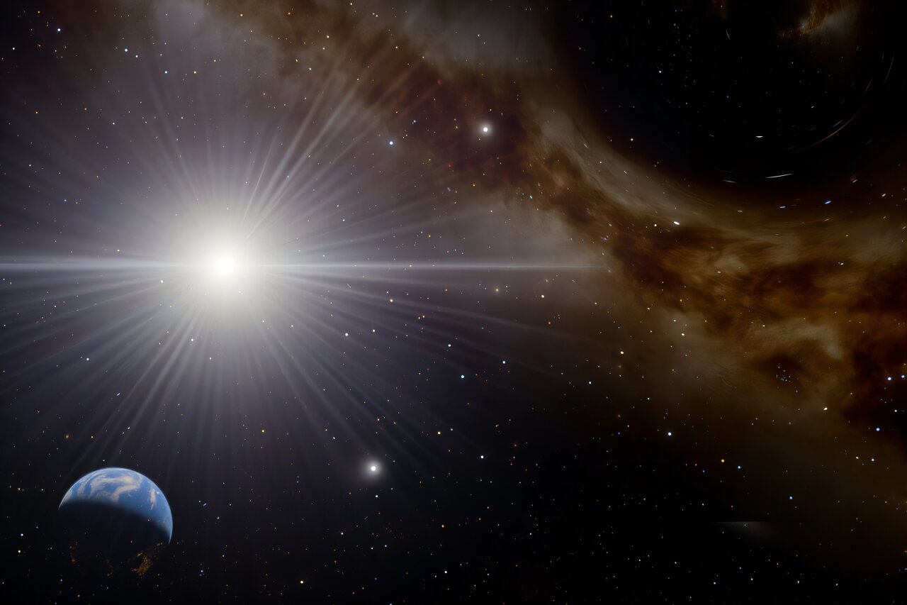 Exploze primordiální černé díry. Kredit: Toby Gleason-Kaiser (using SpaceEngine @ Cosmographic Software LLC).