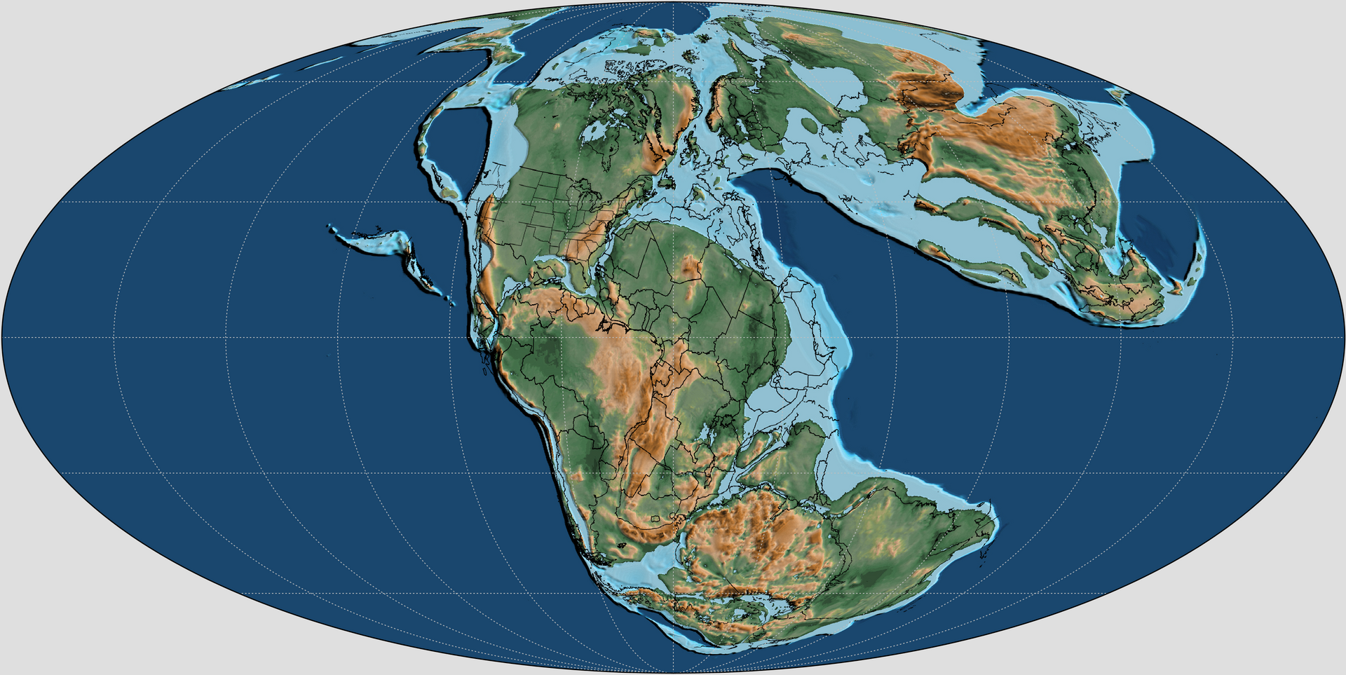 Rozložení kontinentů v období geologického věku toark, zhruba před 180 miliony let. Dosavadní superkontinent Pangea se tehdy právě začínal rozpadat na severní Laurasii a jižní Gondwanu. Kredit: Scotese, C. R. et al. (2024); Wikimedia Commons (CC BY 4