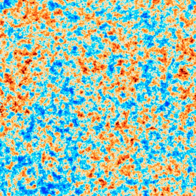Pohled na reliktní záření, jak ho viděla sonda Planck. Toto záření je jendím z nejdůležitějších důkazů Velkého třesku. Zdroj: https://abaleato.github.io/