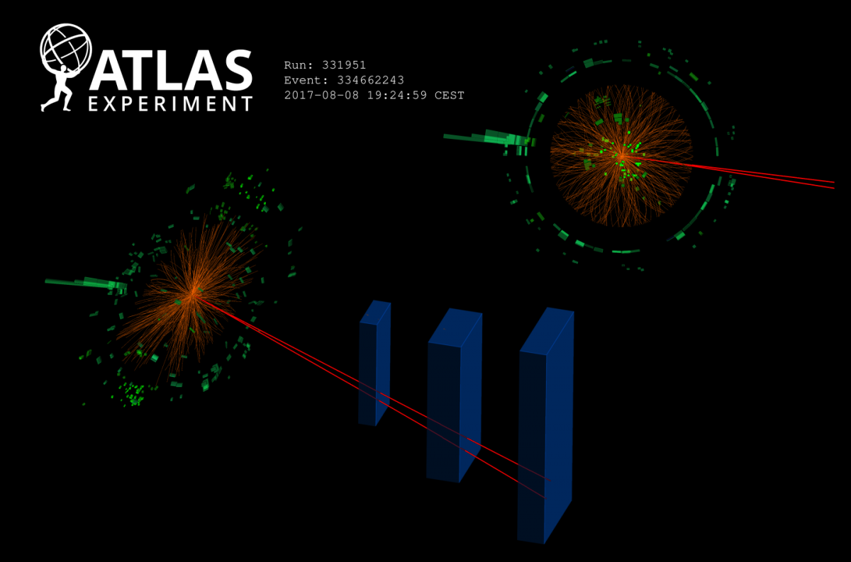 Rozpad higgse na foton (světle zelená) a pár mion a antimion vznikající z Dalitzova rozpadu (dvě červené linky), (zdroj CERN).