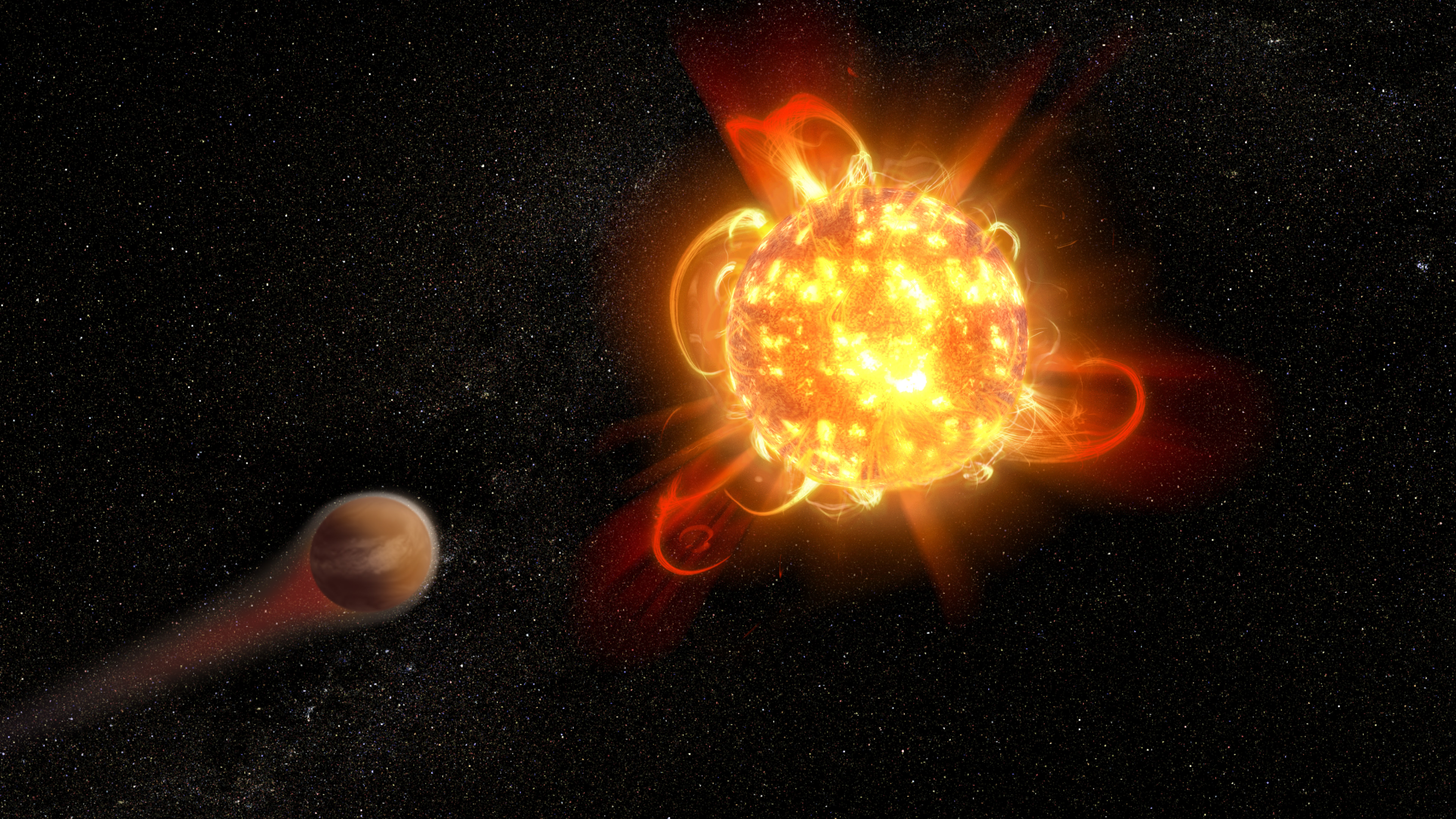 Supererupce červených trpaslíků nejspíš nemíří na planety. Kredit: NASA, ESA and D. Player (STScI).
