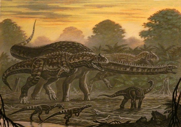 Ekologická scéna z pozdní křídy Madagaskaru, kde dvojice dravých abelisauridů majungasaurů loví dospělého jedince sauropoda rapetosaura. Rapetosaurus krausei byl současníkem a zřejmě i jedním z nejbližších vývojových příbuzných evropského magyarosaur