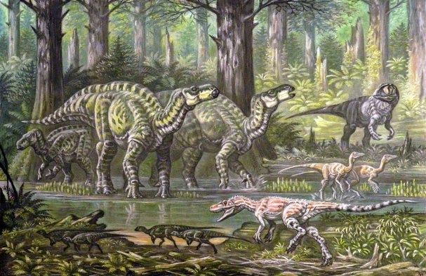 Ekologická scéna s iguanodony a jejich současníky v rámci ekosystému souvrství Wessex. Kromě velkých ornitopodů jsou zde zobrazeni také teropodi Eotyrannus lengi (v popředí), Neovenator salerii (v pozadí), blíže neurčení ornitomimoidní teropodi a kon