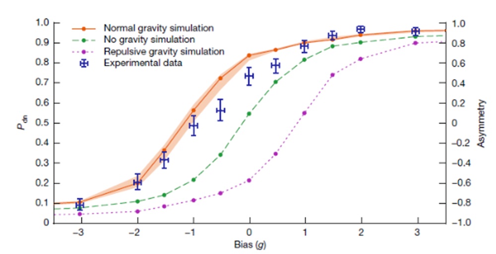 Graf zobrazující výsledky měření tíhového zrychlení antivodíku. Na ose x je ukázáno, jaké tíhové zrychlení simuluje nastavení rozdílu pole u spodního a horního zrcadla magnetické pasti. Na ose y vlevo je poměr mezi počtem antivodíků vyletujících spod