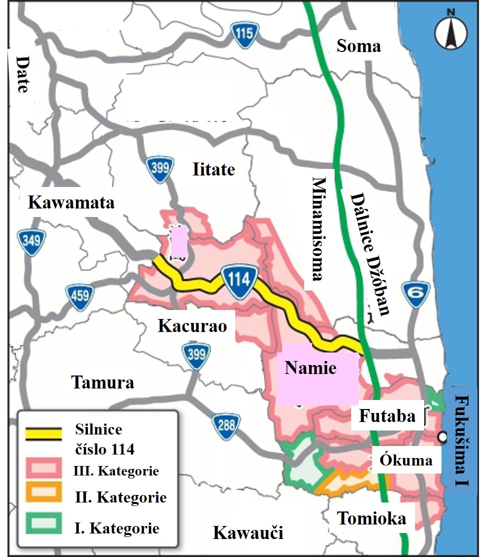 Mapa oblasti s vyznačením doposud uzavřených oblastí. Kromě malých kousků ve městech Ókuma a Futaba už jde pouze o nejsilněji kontaminované oblasti III. kategorie. Na mapě je i silniční systém. Některé ze silnic, které jsou už úplně otevřeny pro prov