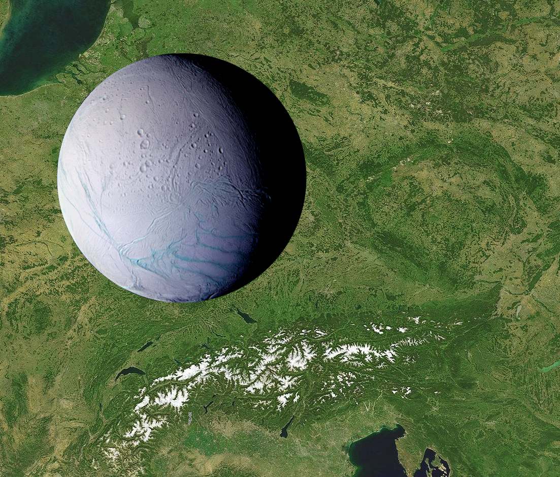 Enceladus je velmi malĂ© kosmickĂ© tÄ›leso, v prĹŻmÄ›ru mĂˇ jen zhruba 500 km. (c) TomĂˇĹˇ PetrĂˇsek