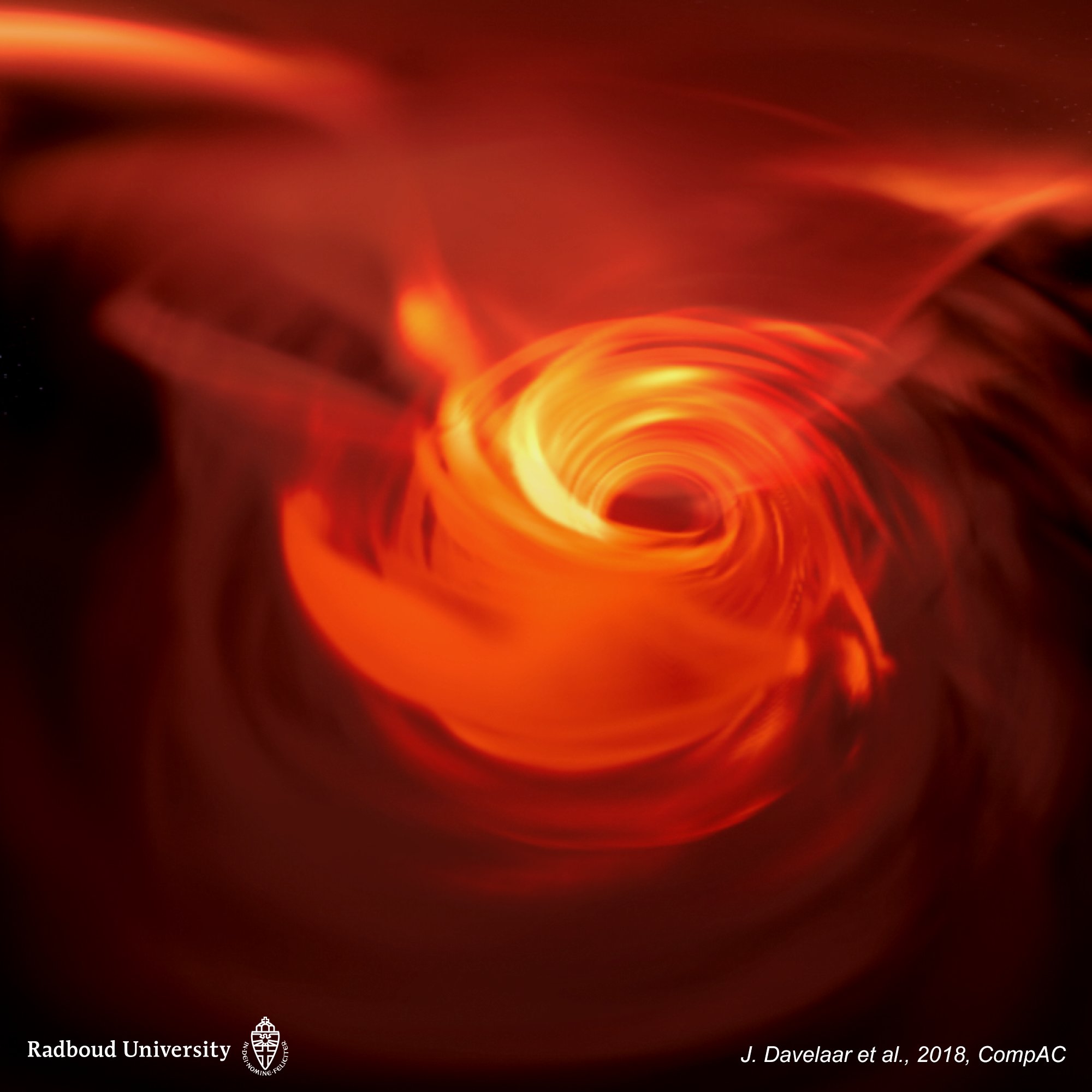 Výjev z nové simulace supermasivní černé díry. Kredit: Davelaar et al. 2018.