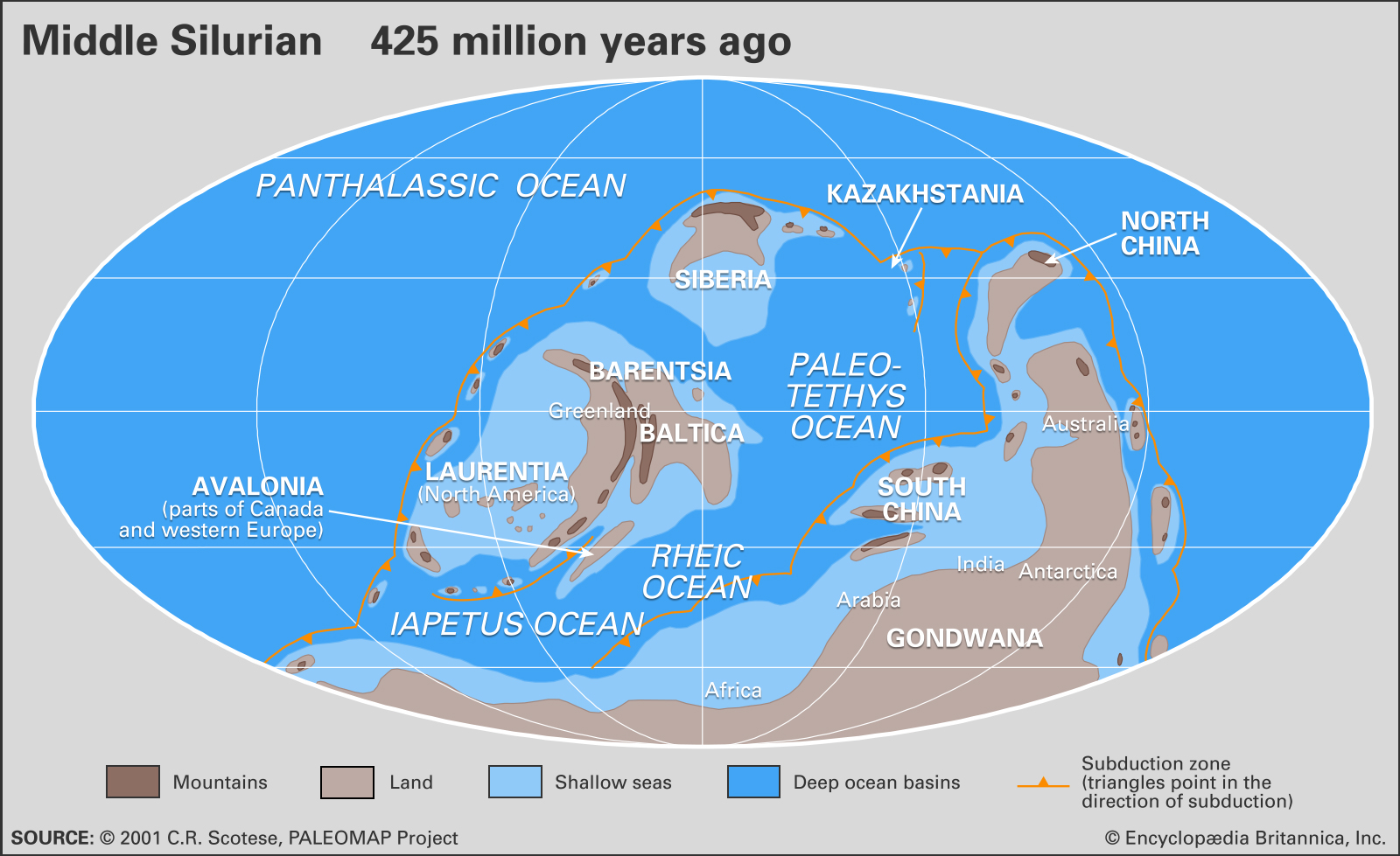 Mapa světa v době zvané Silur. Kredit: C.R. Scotese, The University of Texas at Arlington. https://www.britannica.com/media/full/544696/146749