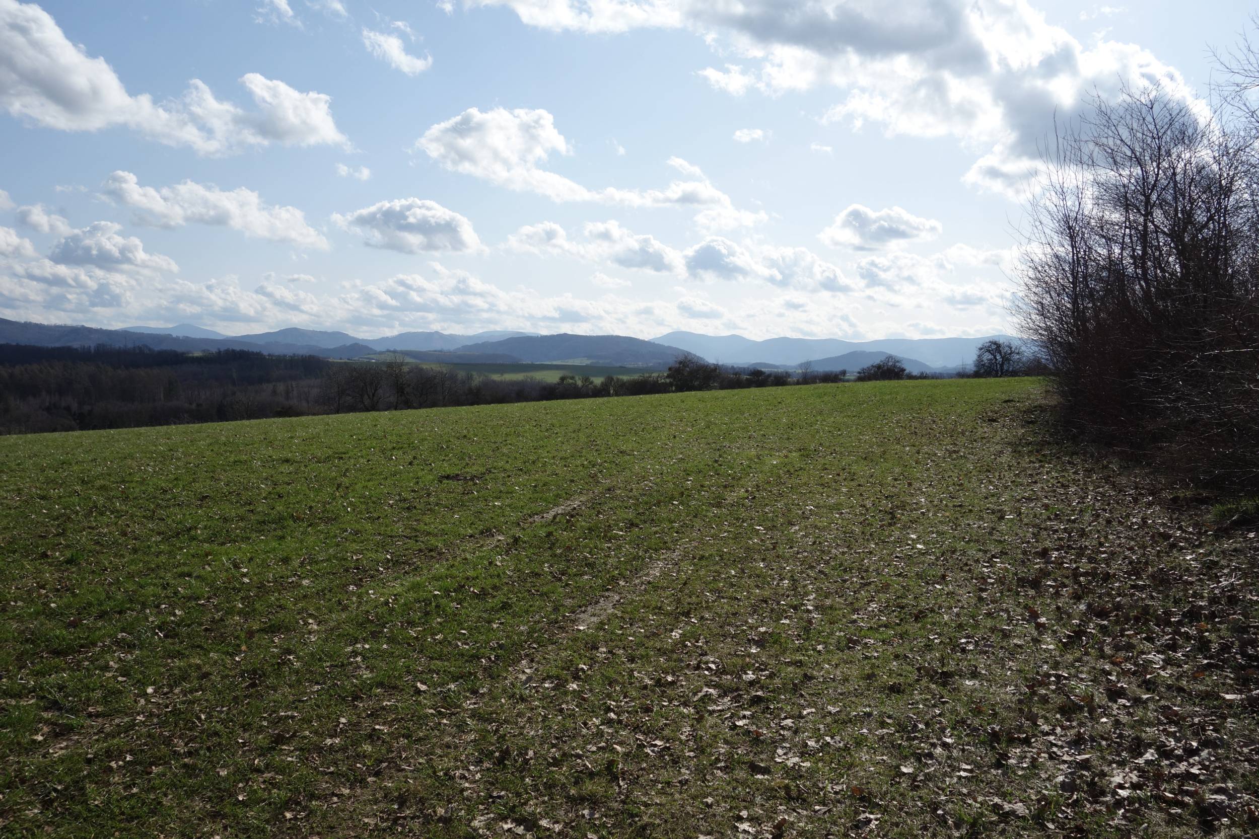 Panorama Moravskoslezských Beskyd. Pohled z Hončovy hůrky směrem na jih. V pozadí Radhošť (1129 m n. m.), vpravo v popředí Bílá hora (556 m n. m.) ve Štramberku. Foto: A. Uhlíř, březen 2024.