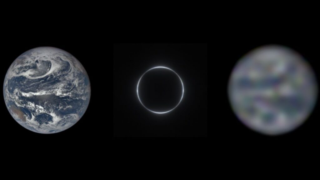 Příklad využití sluneční gravitační čočky. Vlevo reálná planeta, vpravo její rekonstrukce na základě dat z měření skrze solární gravitační čočku. Zdroj: https://cdn.mos.cms.futurecdn.net/