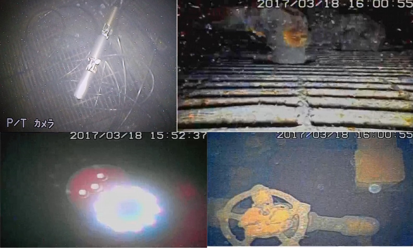 Záběry z průzkumu prvního bloku v březnu 2017. Vlevo nahoře je pohled na robota, který se právě dostal z potrubí do kontejnmentu. Napřed se podíval na roštovou podlahu, dole vlevo je záběr pořízený těsně předtím, než se sonda vnořila do vody. Vpravo 