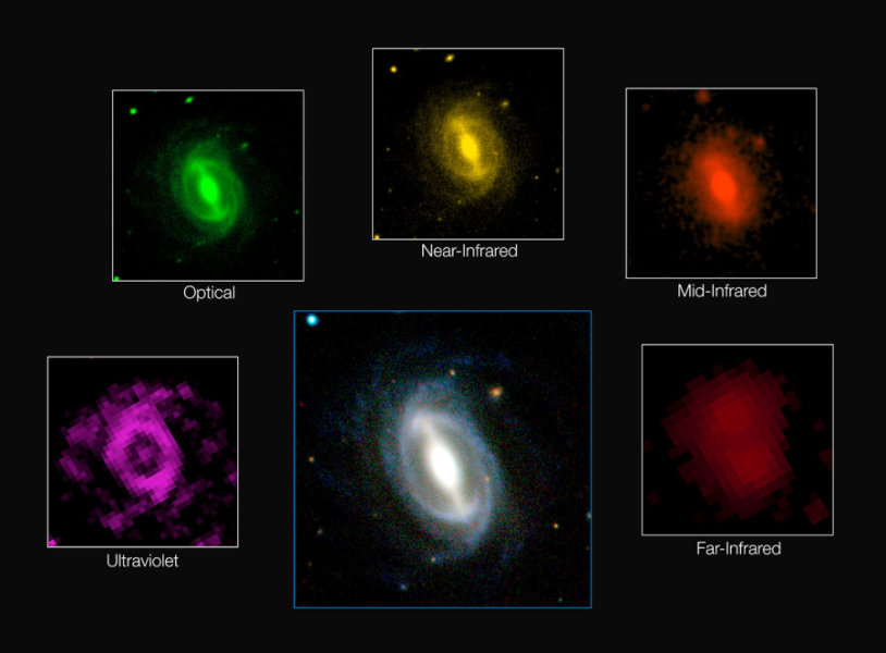 Galaxie na rĹŻznĂ˝ch vlnovĂ˝ch dĂ©lkĂˇch. Kredit: ICRAR / GAMA & ESO.