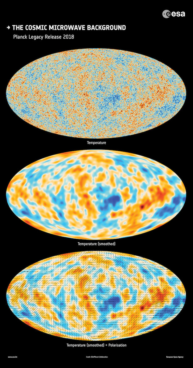 Reliktní záření vesmír podle data observatoře Planck z roku 2018. Kredit: ESA.