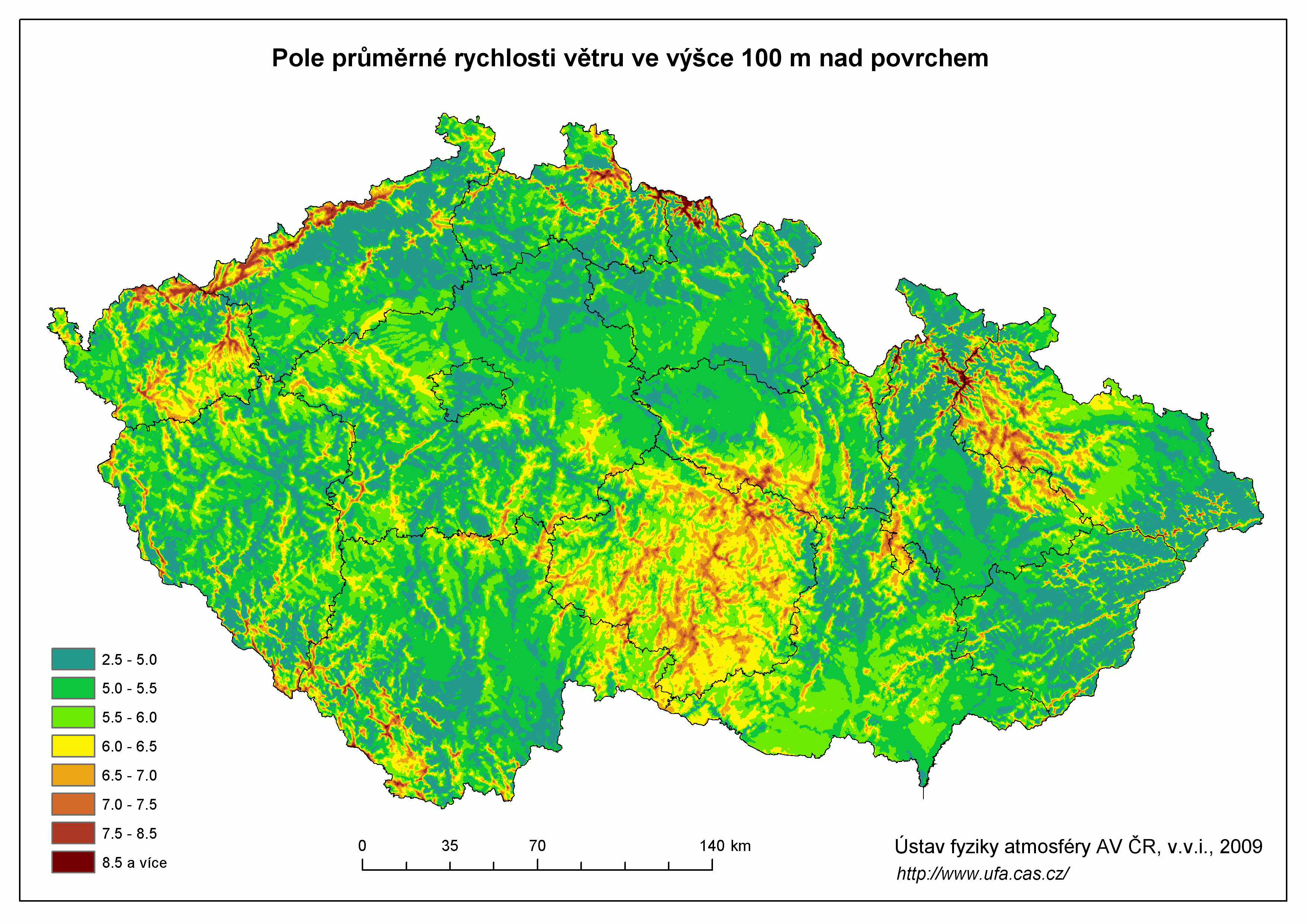 Průměrné rychlosti větru v České republice. Podle autorů mapy je v ní však ze současné perspektivy mírná tendence k nadhodnocování hlavně v oblasti Českomoravské vrchoviny [2] (Zdroj Ústav fyziky atmosféry AV ČR).