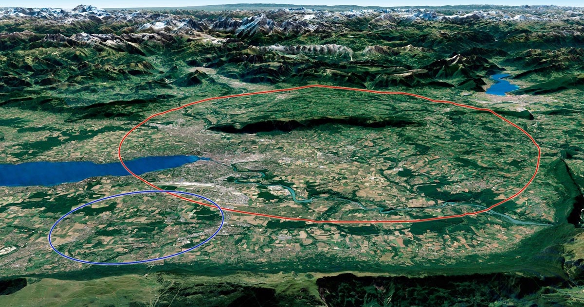 Umístění plánovaného nového urychlovače s obvodem 90,7 km (zdroj CERN)