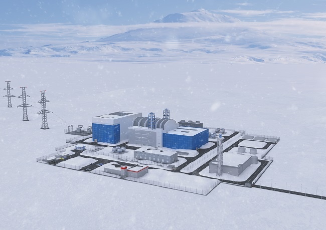 Vizualizace plánované elektrárny v Jakutsku, která by využila malý modulární reaktor na bázi reaktoru RITM-200 (zdroj Rosatom).