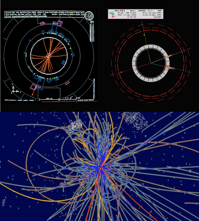 Srovnání srážky elektronu a pozitronu na zařízení LEP (nahoře) a protonu s protonem na zařízení LHC (zdroj CERN)