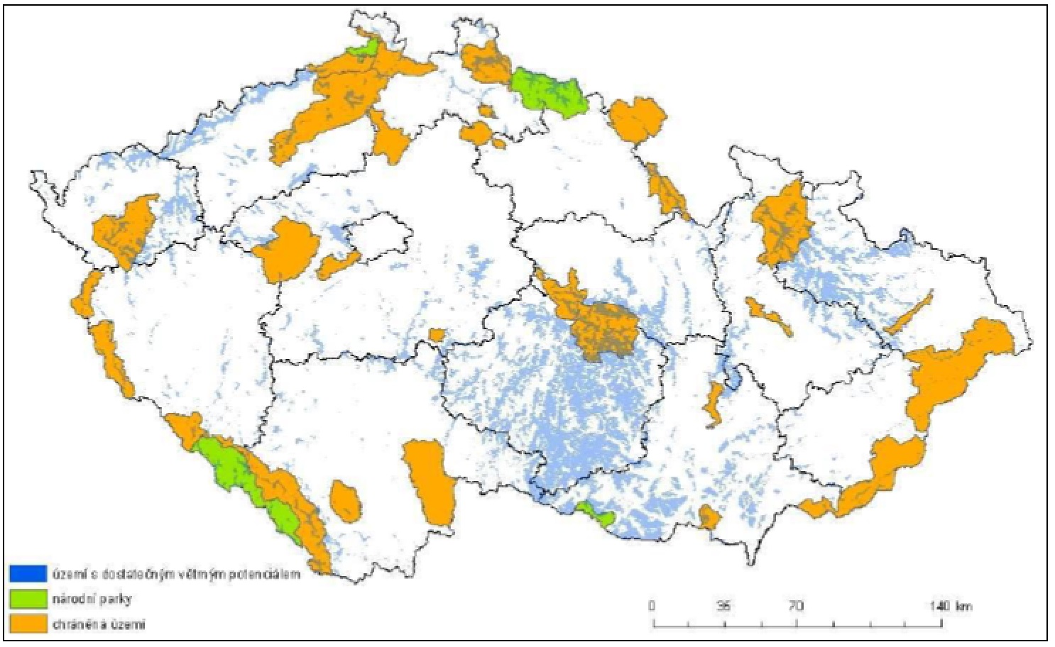 Území s dostatečným větrným potenciálem dle [1,2], zhruba odpovídající průměrné rychlosti větru ve výšce 100 m nad 6 m/s, a chráněná území. (Zdroj Ústav fyziky atmosféry AV ČR).