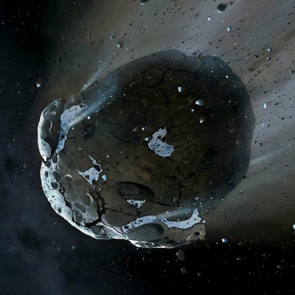 Asteroid plnĂ˝ vody. Kredit: NASA, ESA, M.A. Garlick (space-art.co.uk), University of Warwick & University of Cambridge.