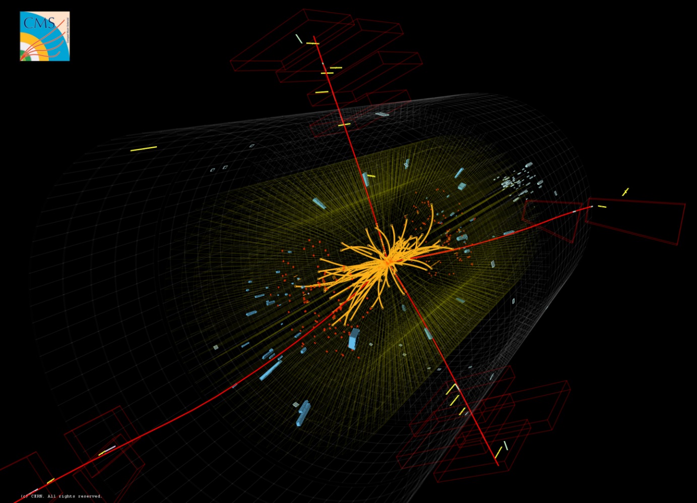 Kandidát na rozpad higgse na čtyři nabité leptony pozorovaný detektory CMS (zdroj CMS).