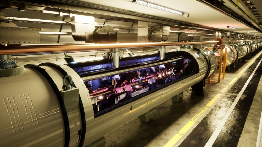 Umělecké zobrazení budoucího srážeče elektronů a pozitronů FCC-ee (zdroj CERN)