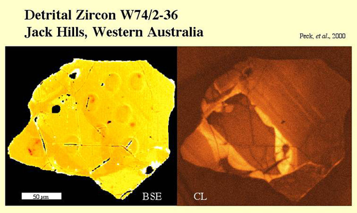 Zirkon, jehoĹľ ÄŤĂˇst je nejstarĹˇĂ­m znĂˇmĂ˝m materiĂˇlem na Zemi, o stĂˇĹ™Ă­ 4,4 miliardy let. Kredit: Peck et al. (2000).