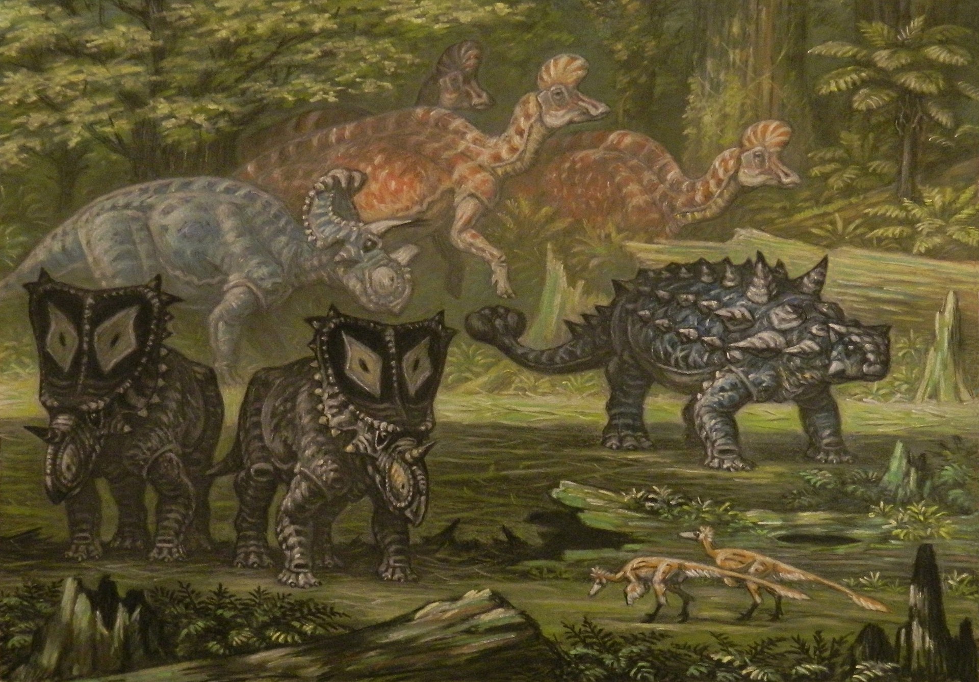 Idealizovaný ekosystém geologického souvrství Oldman se skupinkou korytosaurů, přecházejících v pozadí obrazu. V popředí jsou pak vlevo rohatí dinosauři rodů Wendiceratops (dále) a Chasmosaurus (blíže), vpravo ankylosaurid Scolosaurus a zcela vpředu 