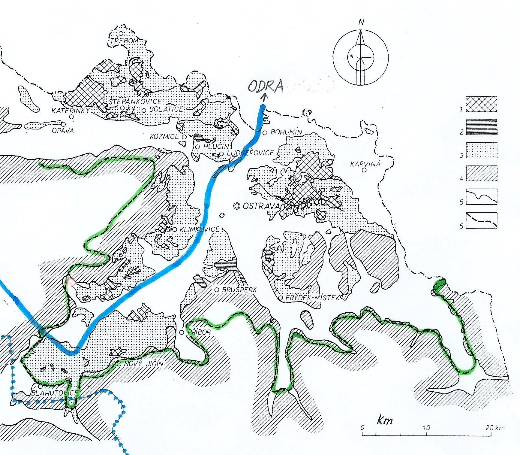 Mapa rozšíření sedimentů sálského zalednění na Ostravsku a v oderské části Moravské brány. 1- souvkové hlíny sálského zalednění, 2 – glacilakustrinní jíly a varvy sálského zalednění, 3 glacilakustrinní písky sálského zalednění, 4 – výchozy hornin ska