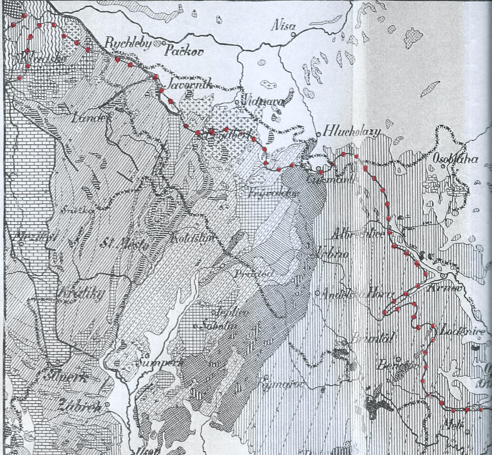 Výřez (cca 61 x 57 km) z geologické mapy Slezska. Hranice zalednění vyznačena červenými body. V údolí Opavy sahá výběžek zalednění od Krnova jihozápadním směrem až do Nových Heřminov. Převzato z publikace Geologické poměry Slezska od F. Drahného z ro