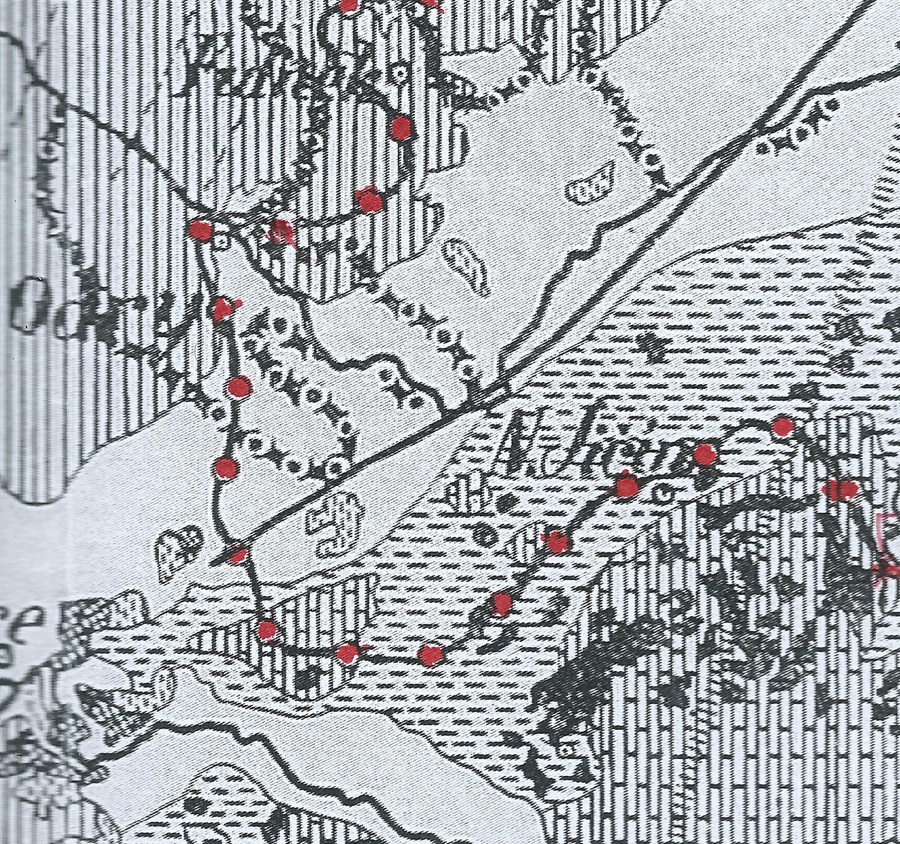 Zobrazení hranice zalednění (čára s červenými body) na mapě F. Drahného (1925). Zobrazena plocha  26 x 28 km. Nejjižnější  hranice zalednění je 10 km JZ od Nového Jičína a 3 km severně od toku Bečvy. Hlavní evropské rozvodí mapa nezobrazuje. Ze situa