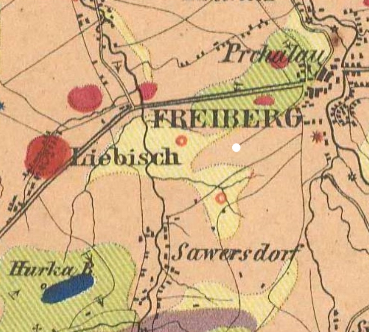 Hoheneggerova mapa, výřez 5,5 x 6,1 km. Bludné balvany představují červená kolečka se světlým středem. Janský sloup označen autorem bíle. Foto: Aleš Uhlíř.